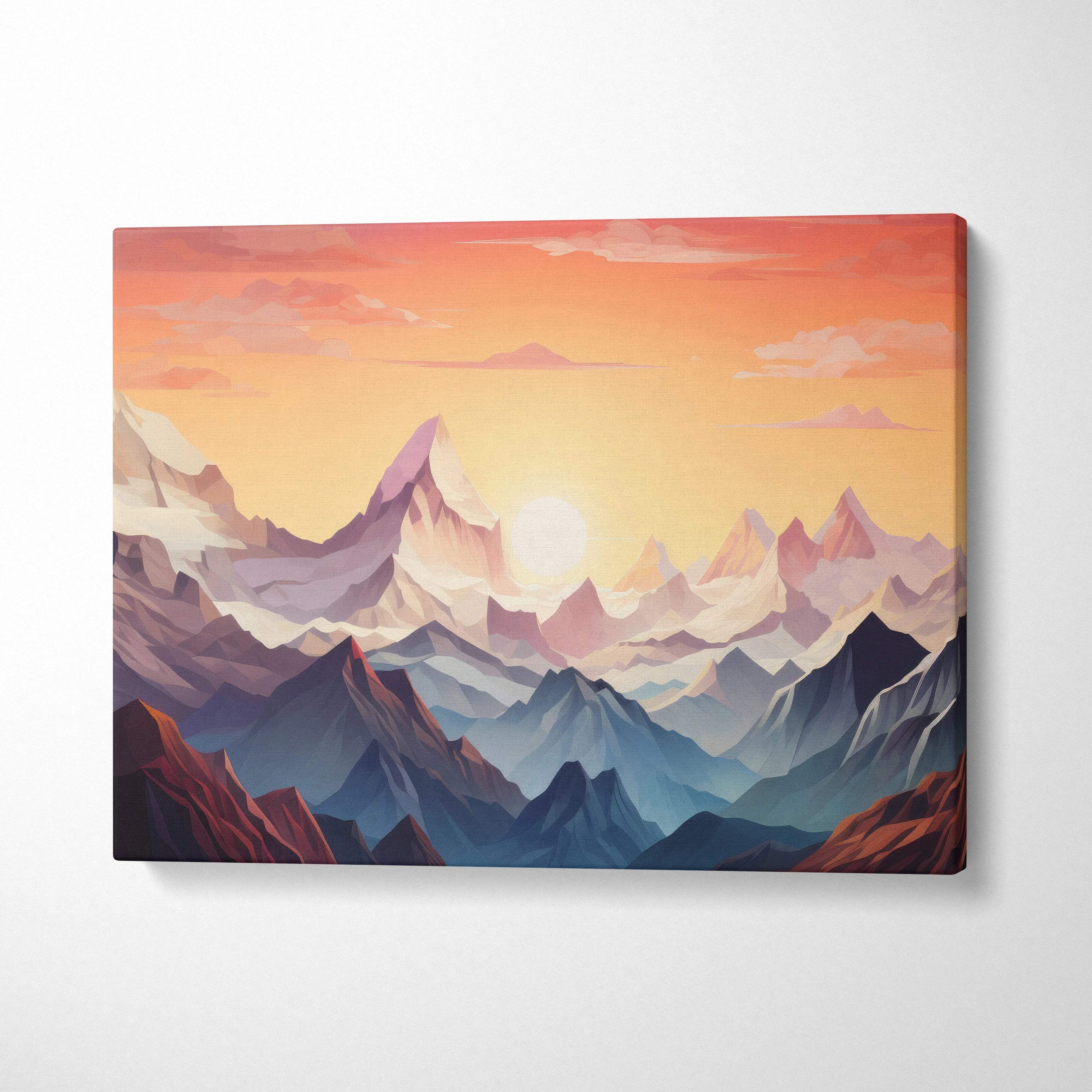 Geometric mountain range canvas wall art at sunset in warm tones