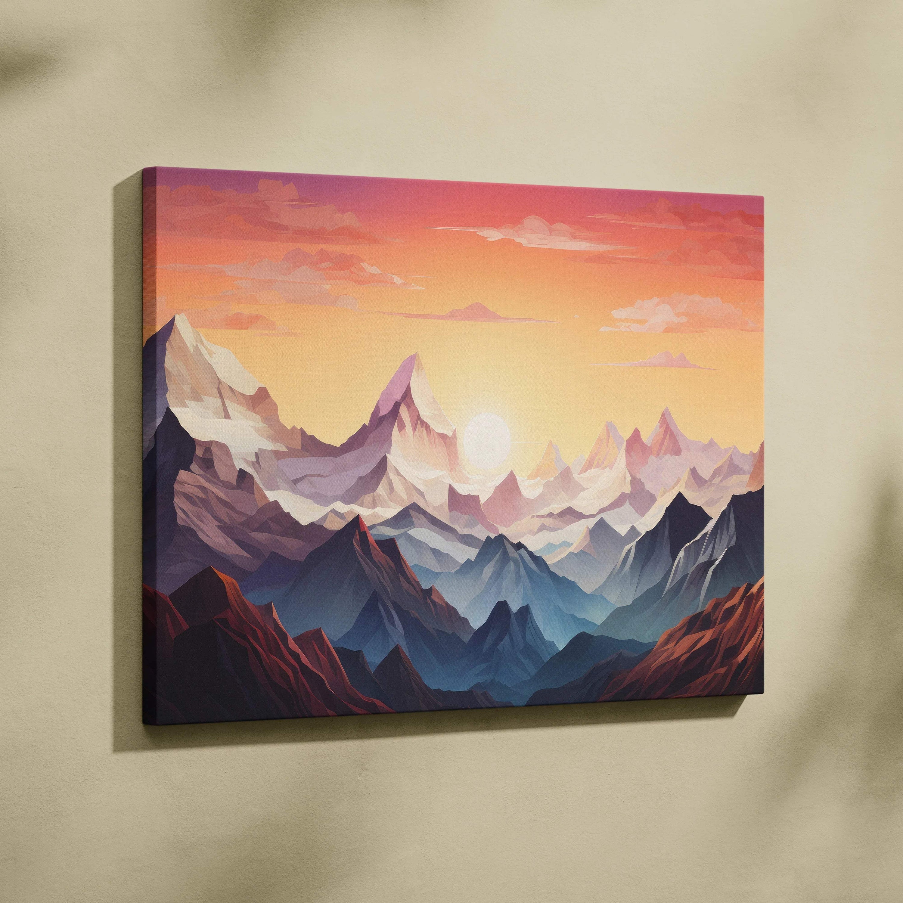 Geometric mountain landscape canvas wall art with sunset peaks