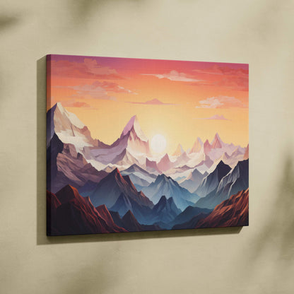 Geometric mountain landscape canvas wall art with sunset peaks