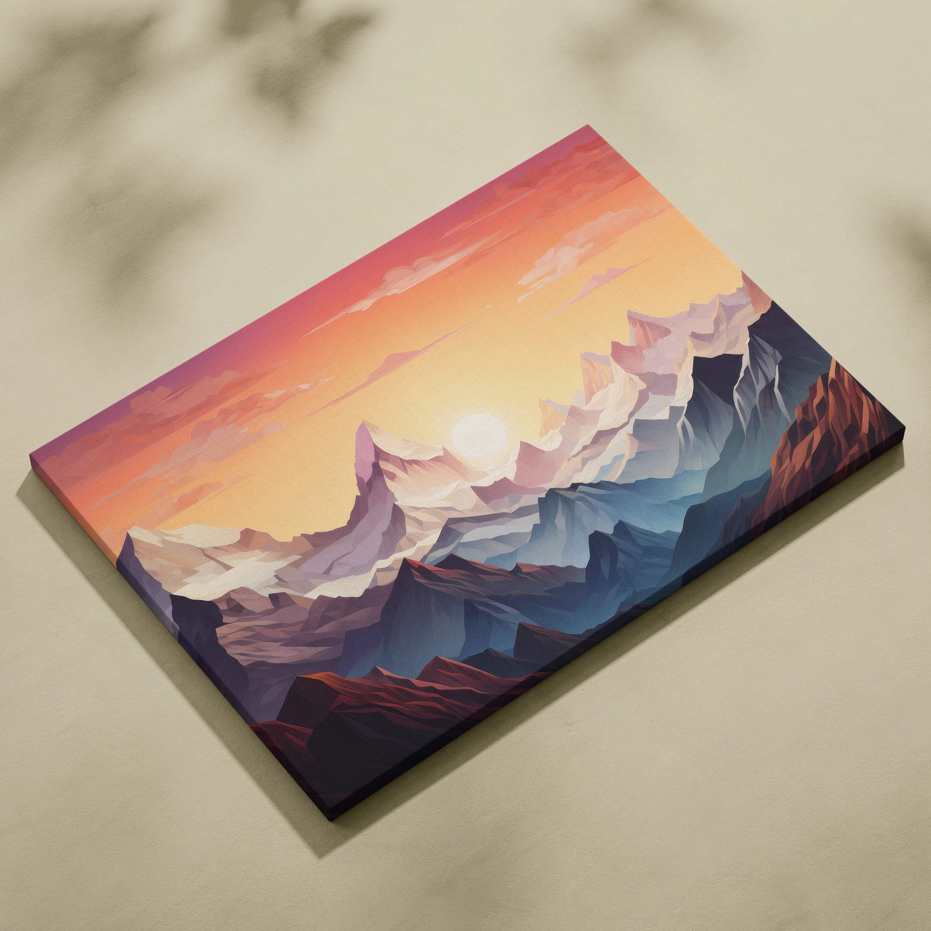 Geometric mountain landscape canvas wall art at sunset with warm tones