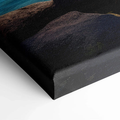 Black textured canvas print of rocky cliffs, turquoise water, palms, ocean blues