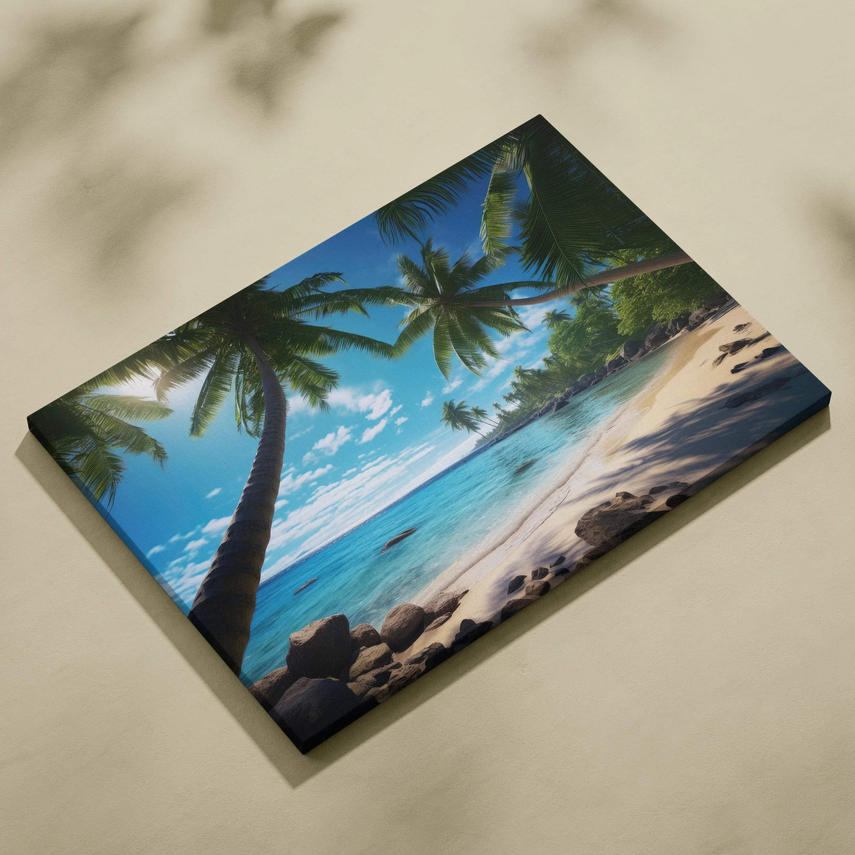 Vibrant canvas wall art of tropical beach with palm trees and turquoise ocean