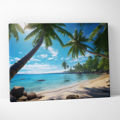 Vibrant tropical beach canvas print with turquoise ocean, palm trees, sandy shore