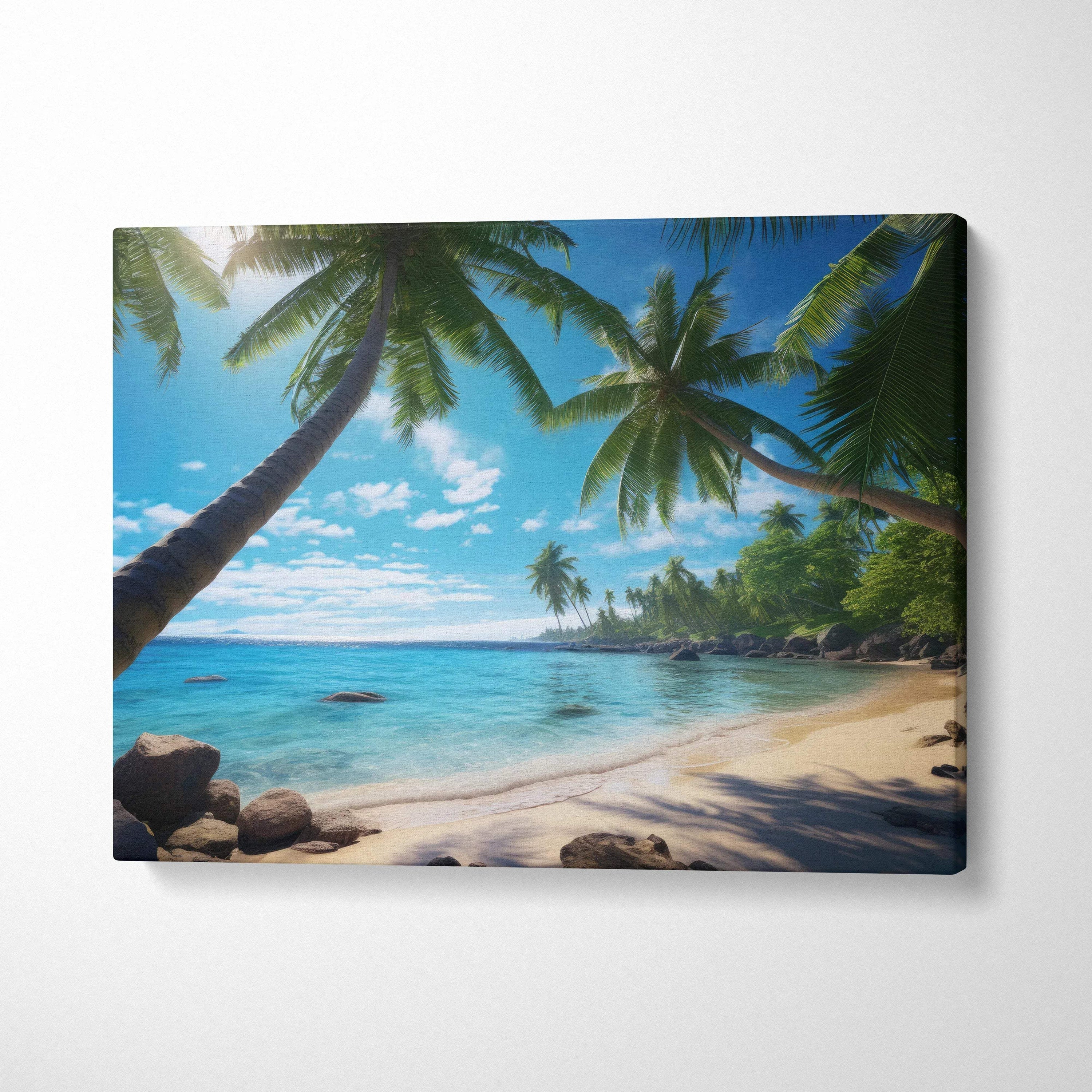 Vibrant canvas print of turquoise beach waters, palm trees over sandy shore