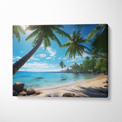 Vibrant canvas print of turquoise beach waters, palm trees over sandy shore