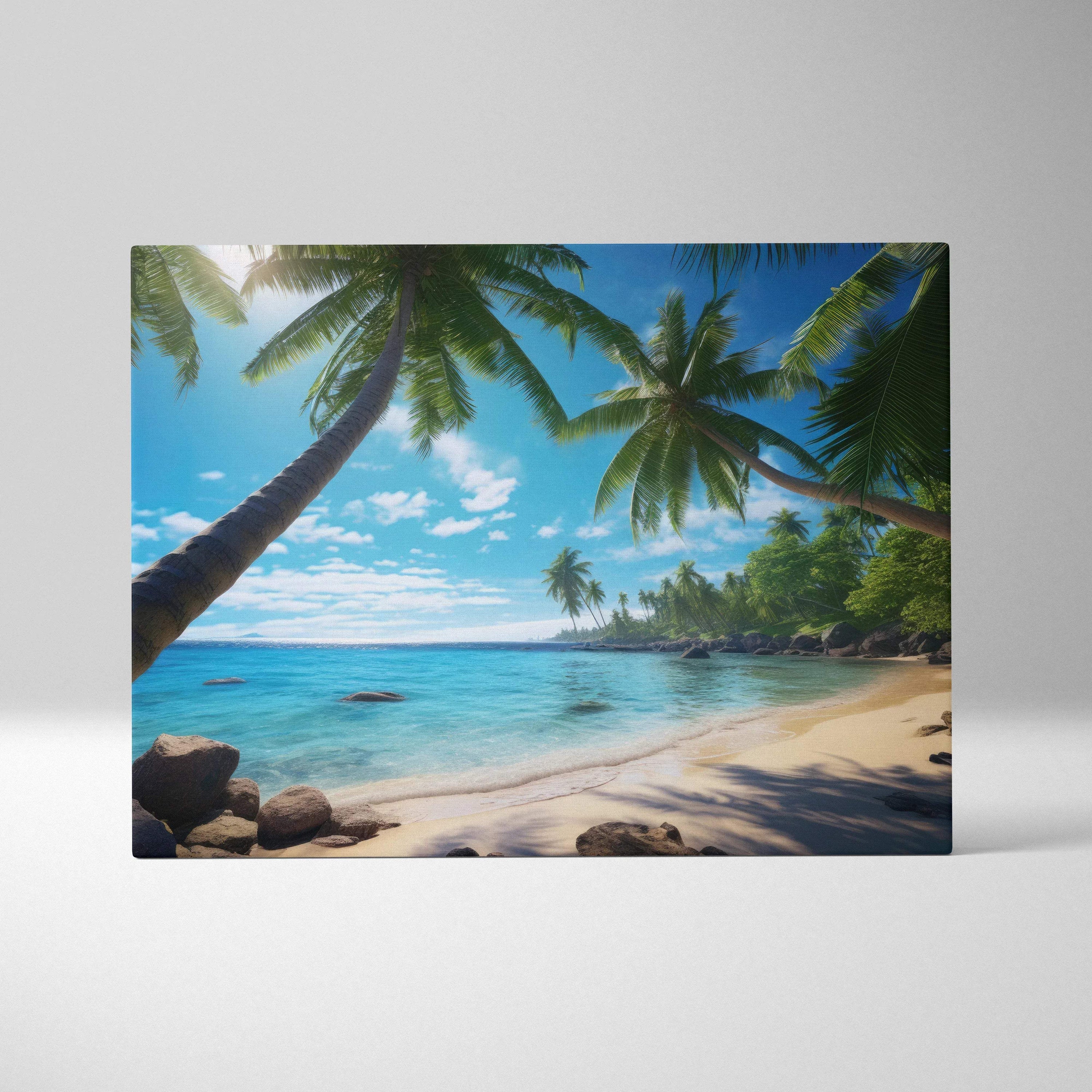 Vibrant tropical beach canvas art with turquoise ocean, palm trees, sandy shore