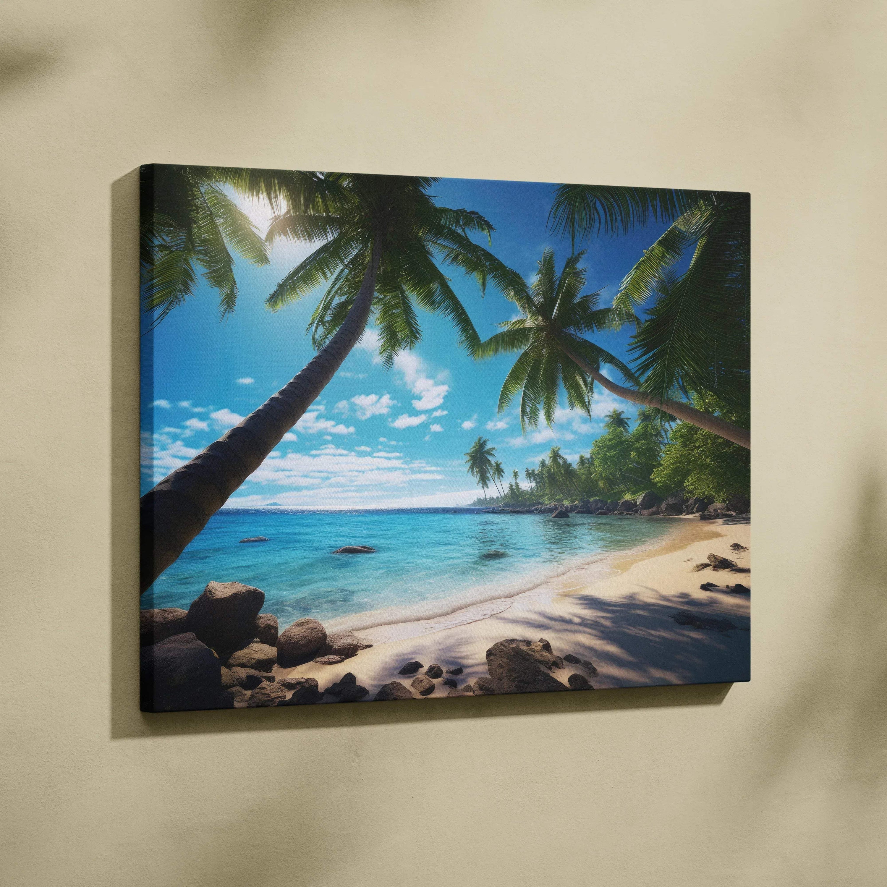 Vibrant tropical beach canvas print with turquoise ocean, palm trees, sandy shore