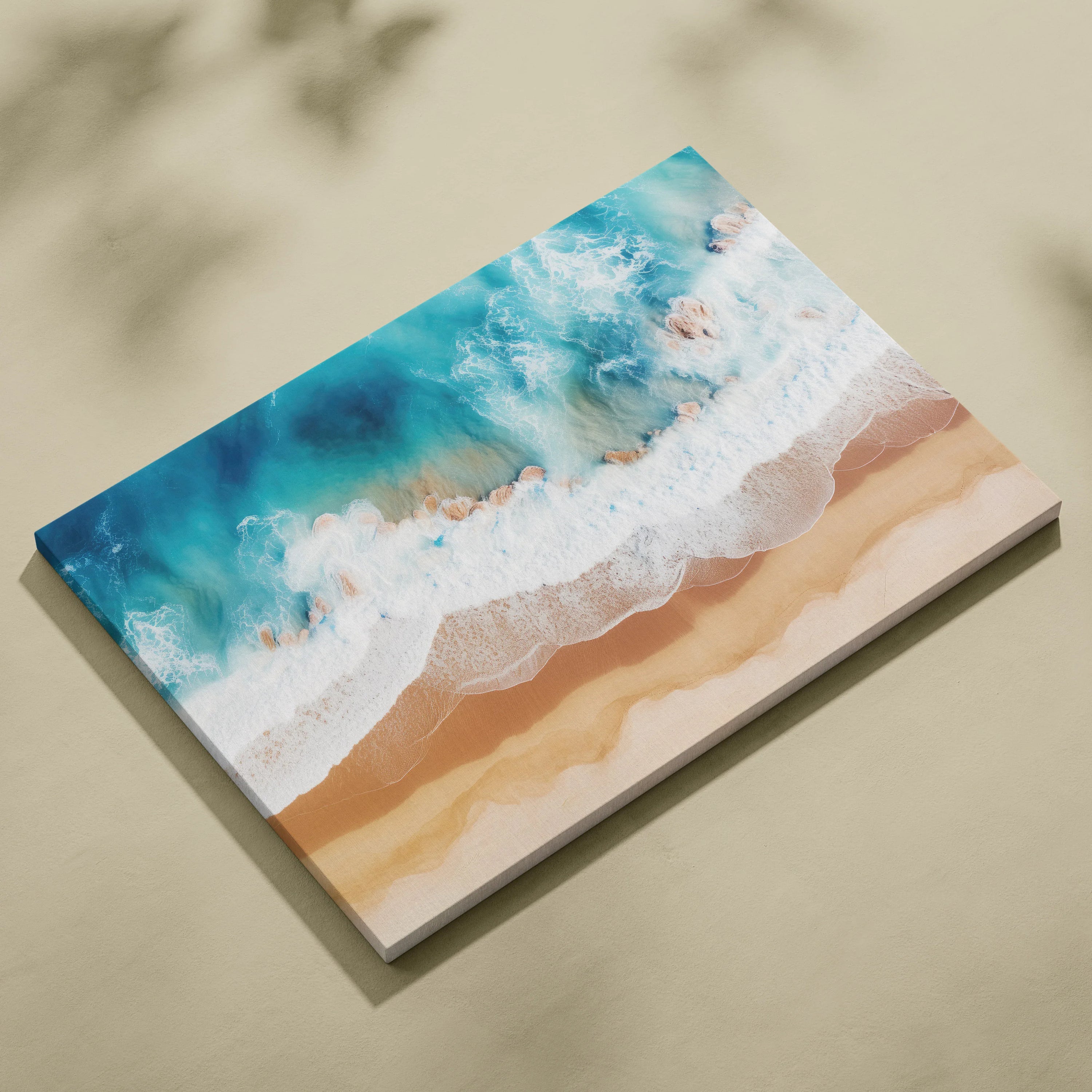Canvas wall art featuring a tranquil beach coastline with turquoise waves and sandy shore.