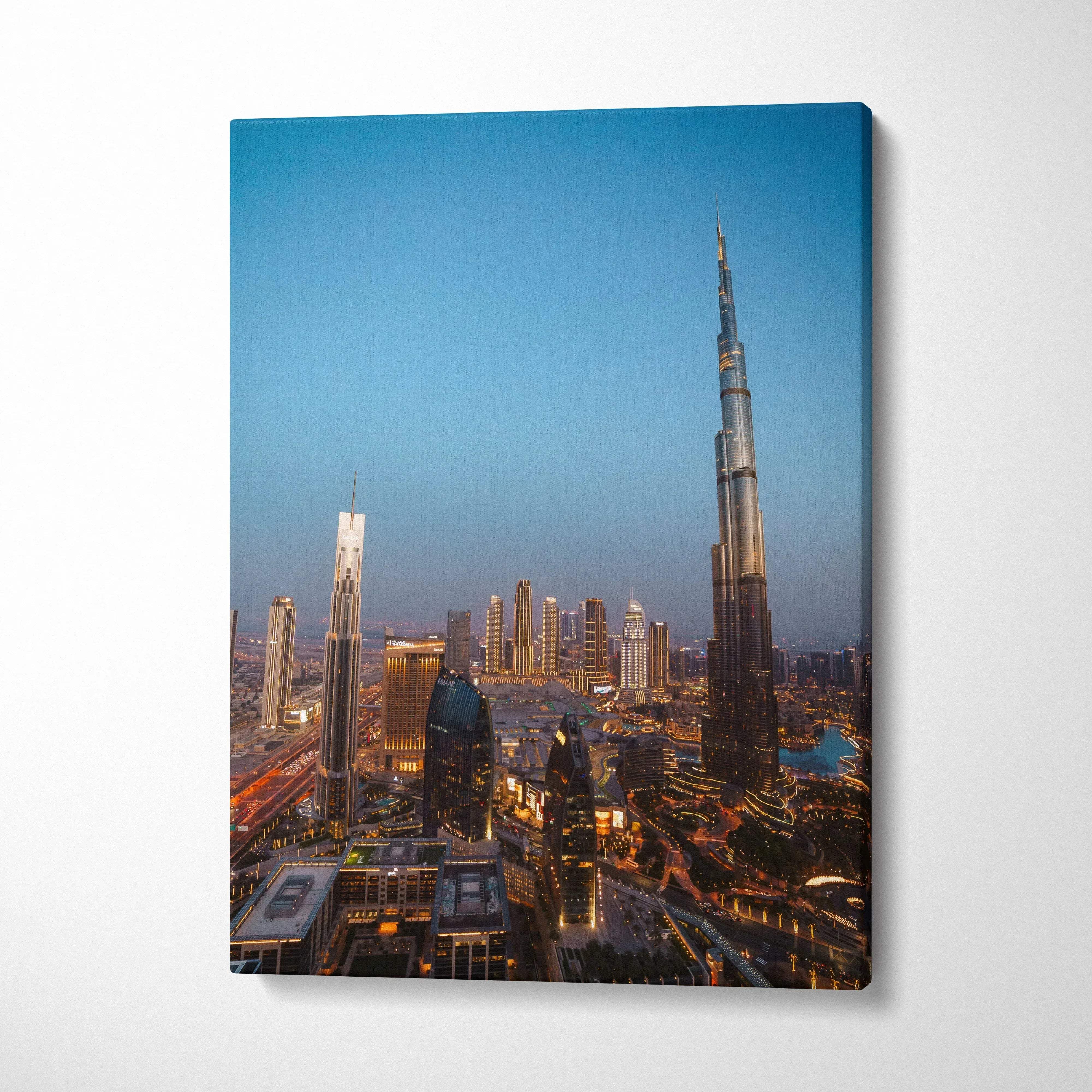 Canvas wall art featuring a digital cityscape with towering skyscrapers at dusk.