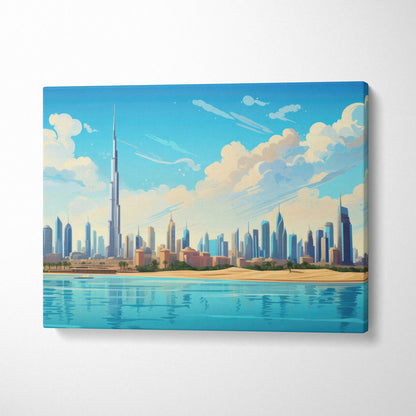 Vibrant Dubai skyline canvas art with bright blue skies, clouds and turquoise water