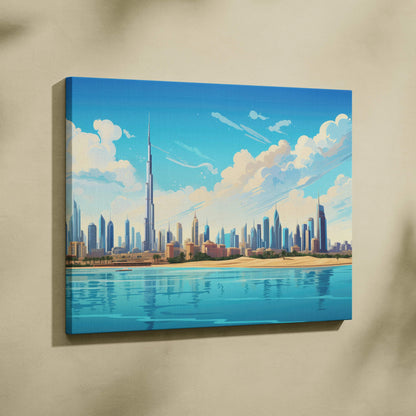 Vibrant Dubai skyline canvas art with Burj Khalifa, blue skies and sands