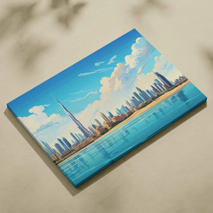 Vibrant canvas print of Burj Khalifa Dubai skyline in bright blues and desert sands