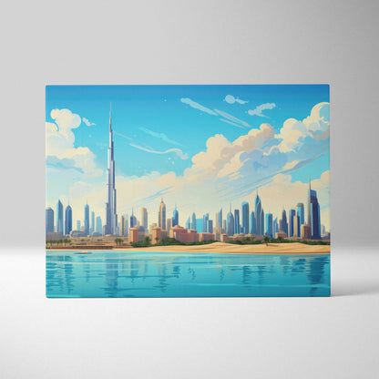 Vibrant Dubai skyline canvas art with Burj Khalifa, skyscrapers, blue skies, turquoise waters