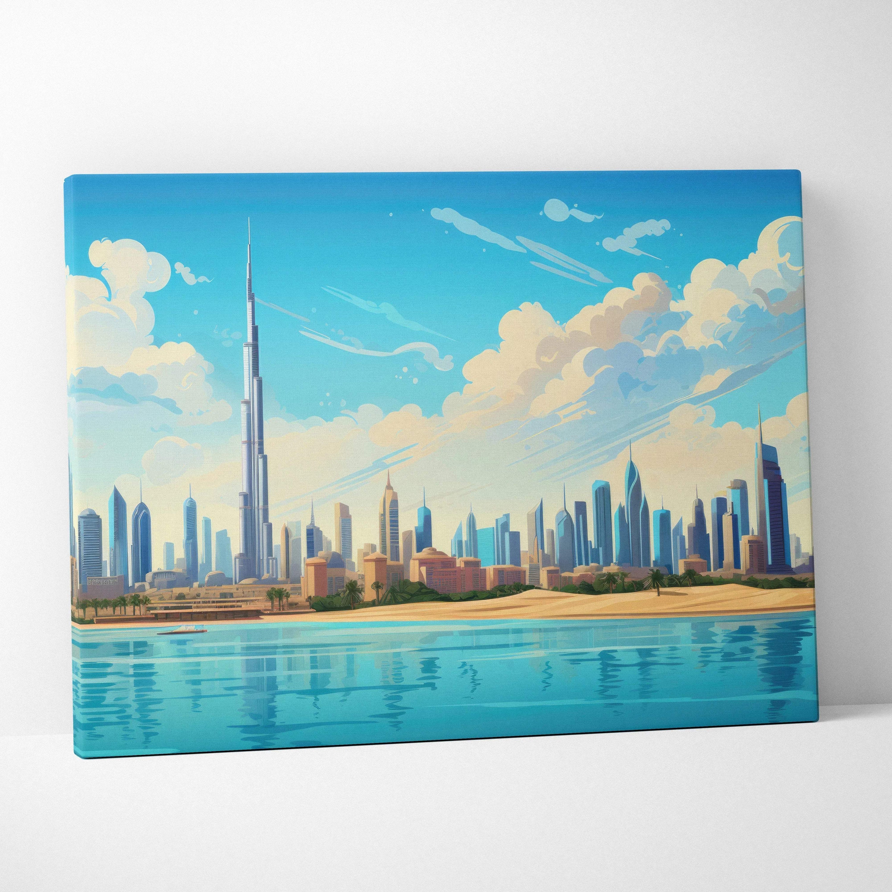 Vibrant Dubai skyline canvas art with Burj Khalifa, blue skies and sands