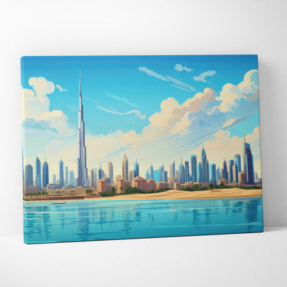 Vibrant Dubai skyline canvas art with Burj Khalifa, blue skies and sands