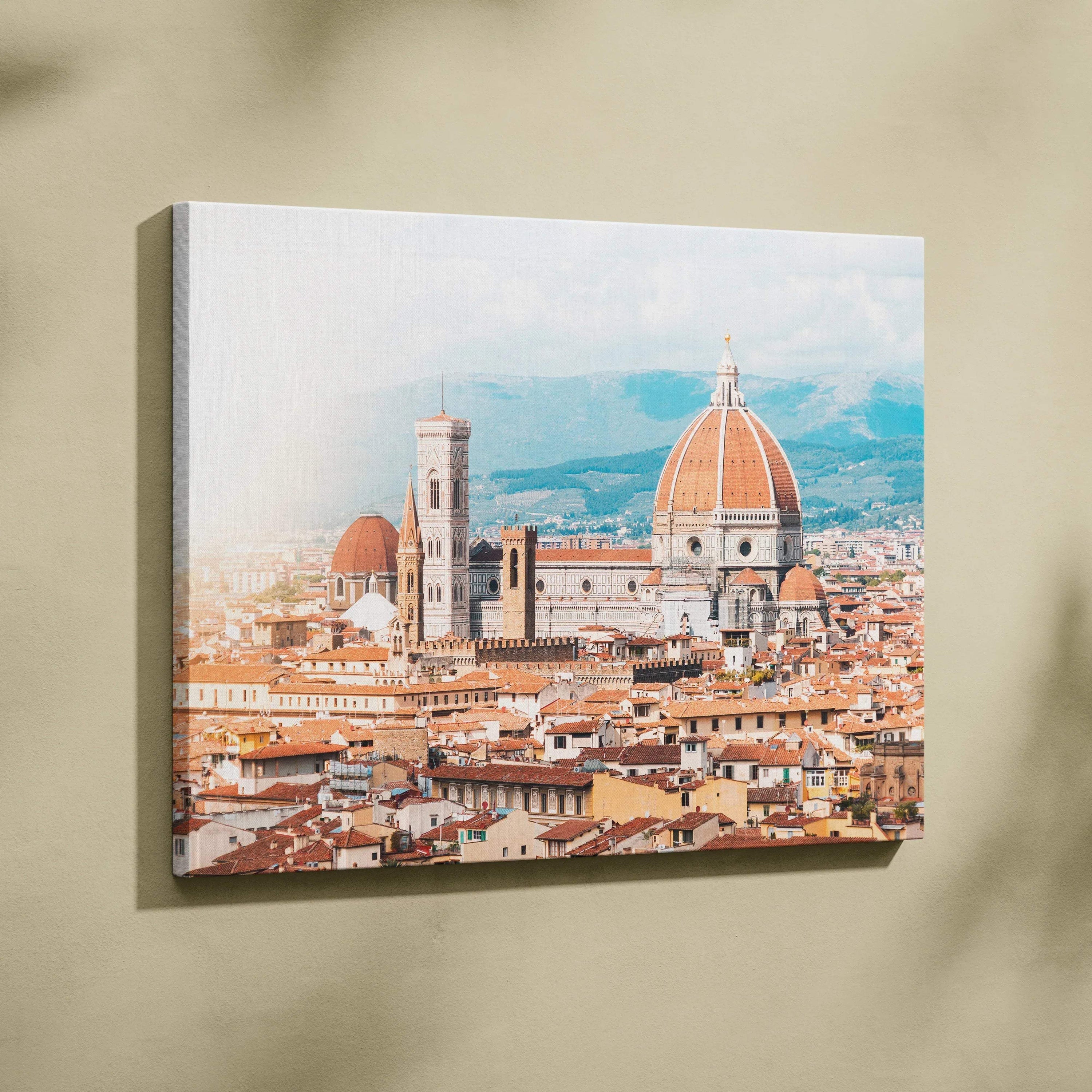 Canvas wall art featuring a detailed digital painting of an urban landscape with historic buildings and a prominent domed.