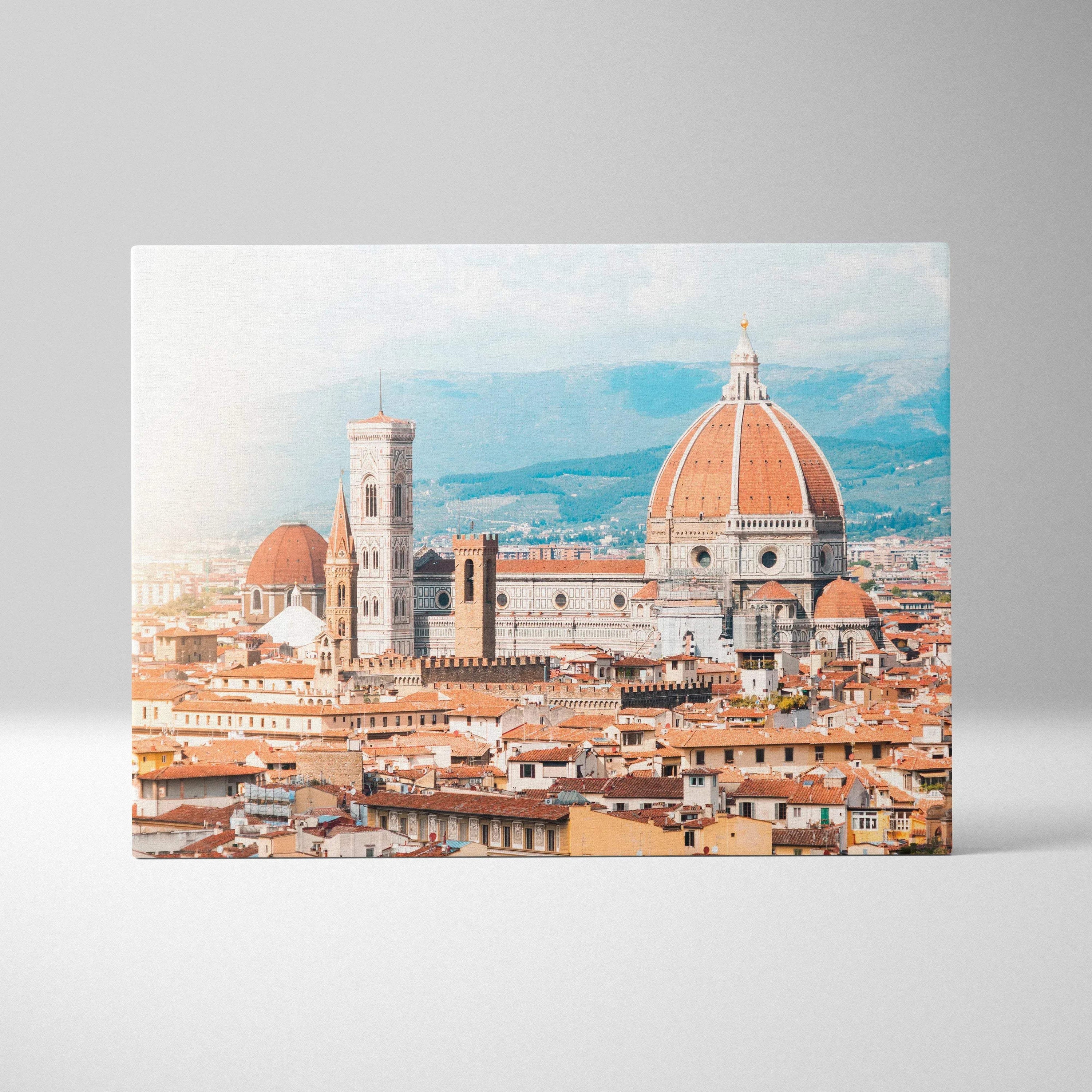 Canvas wall art featuring a detailed digital cityscape with historic buildings and a prominent domed cathedral against a.