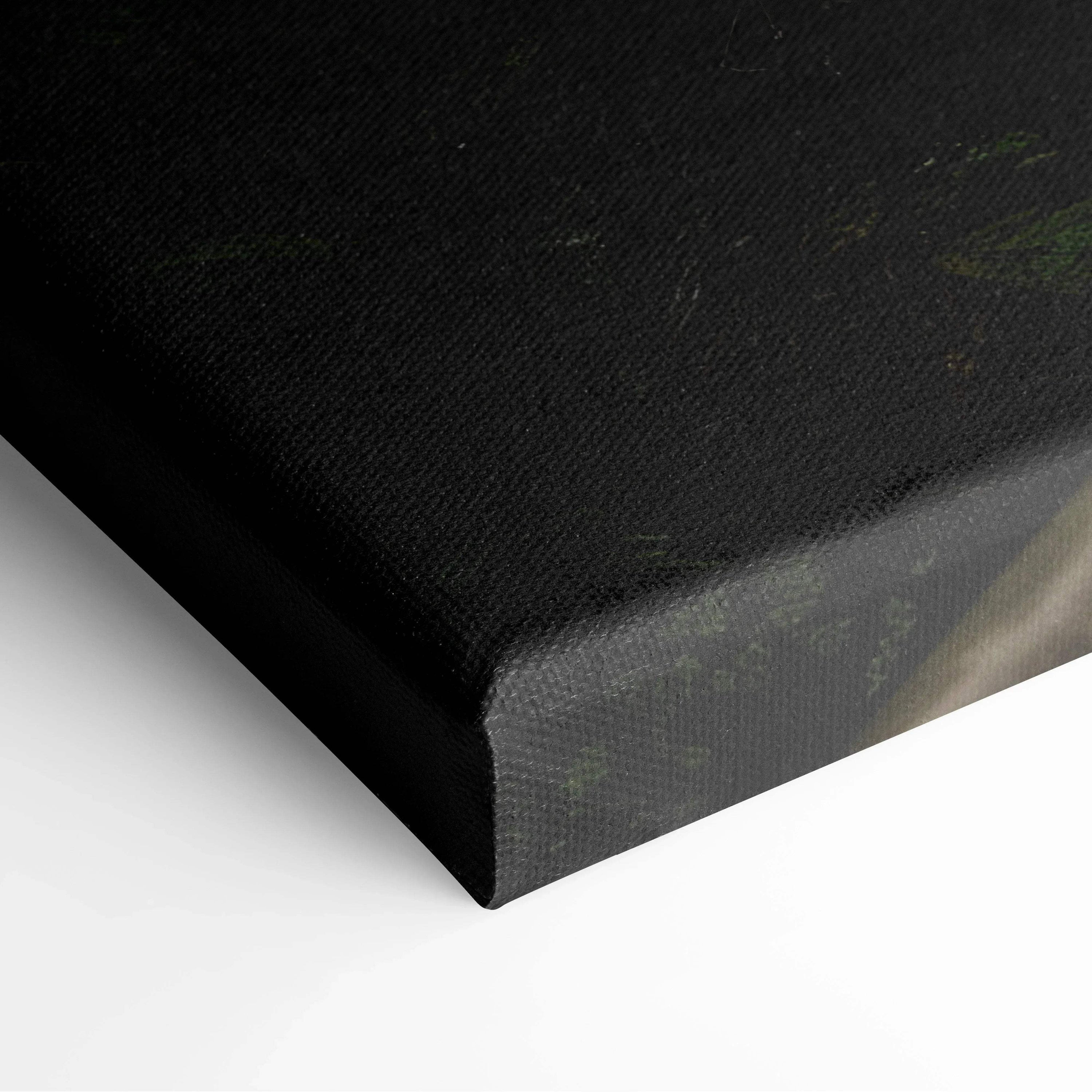 Close-up of dark wooden path in ancient forest on textured canvas wall art decor panel.