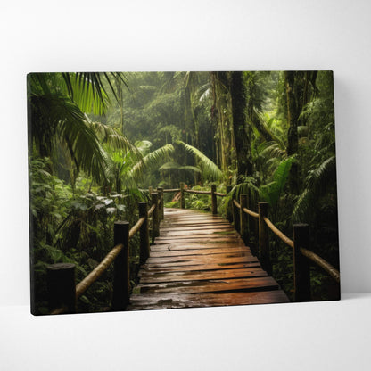 Canvas wall art featuring a wooden path through dense ancient forest greenery decor.
