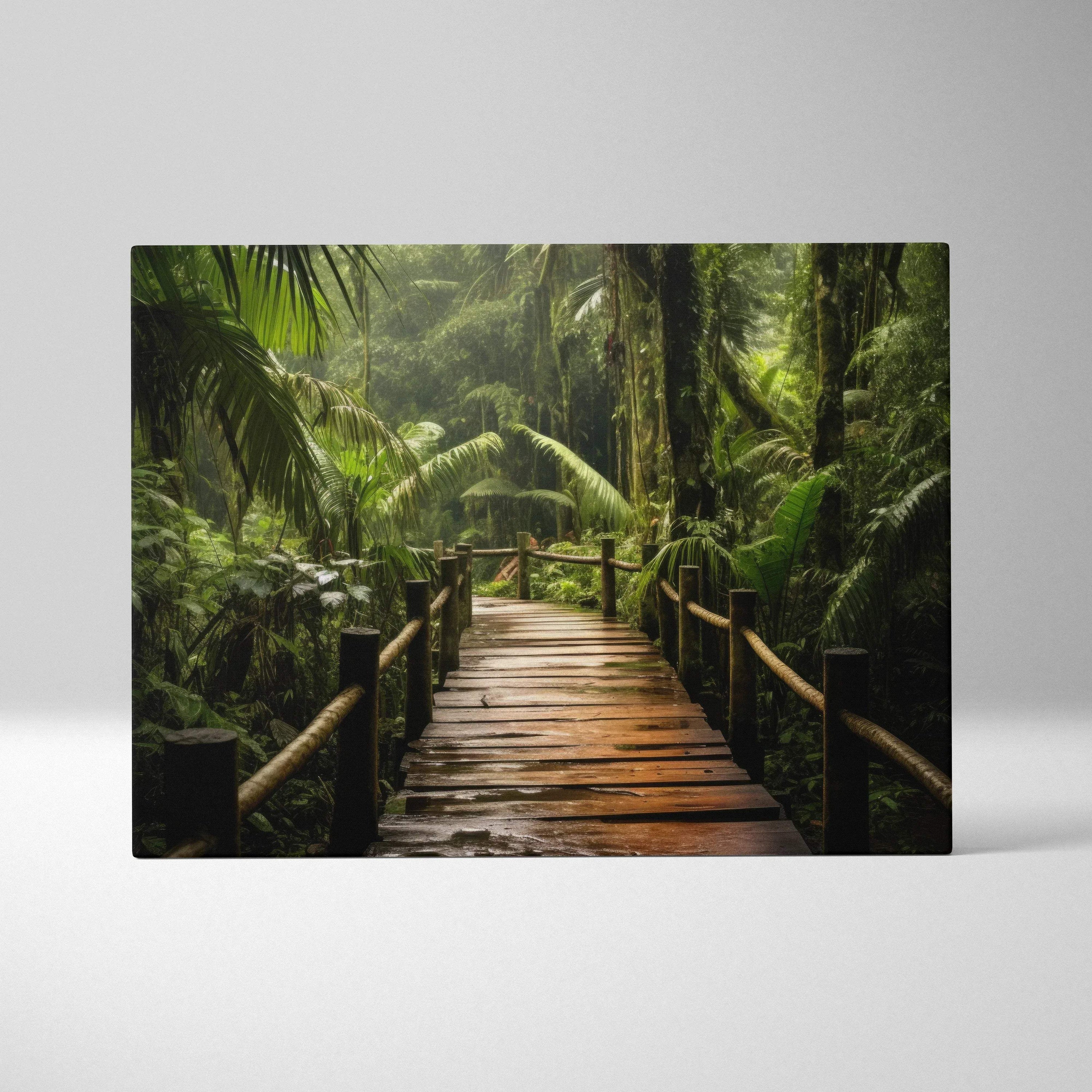 Canvas wall art of wooden path leading through dense green ancient forest, serene nature decor.