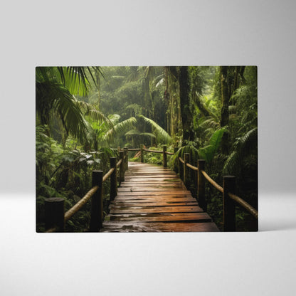 Canvas wall art of wooden path leading through dense green ancient forest, serene nature decor.