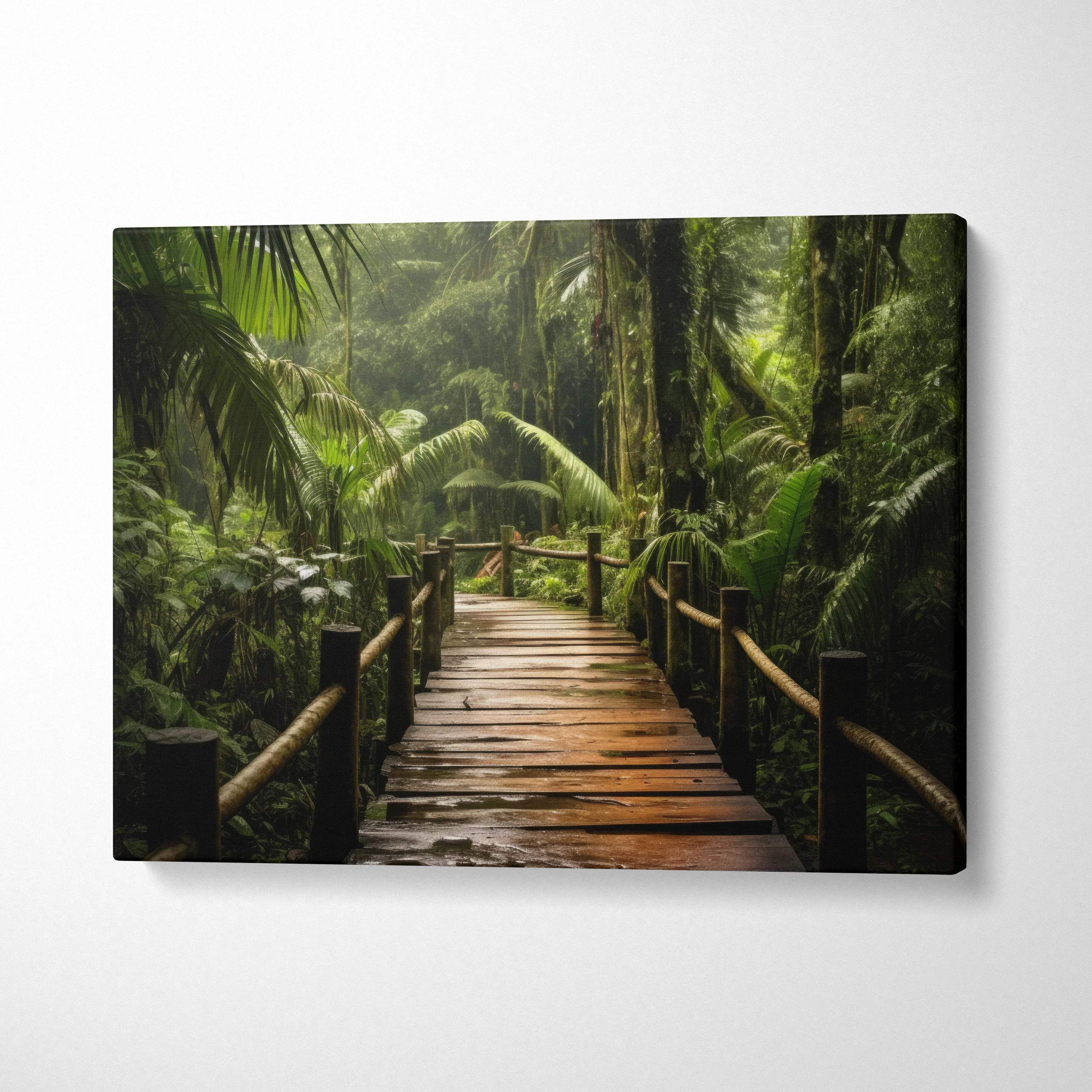Canvas wall art featuring a wooden path through dense, green ancient forest decor.