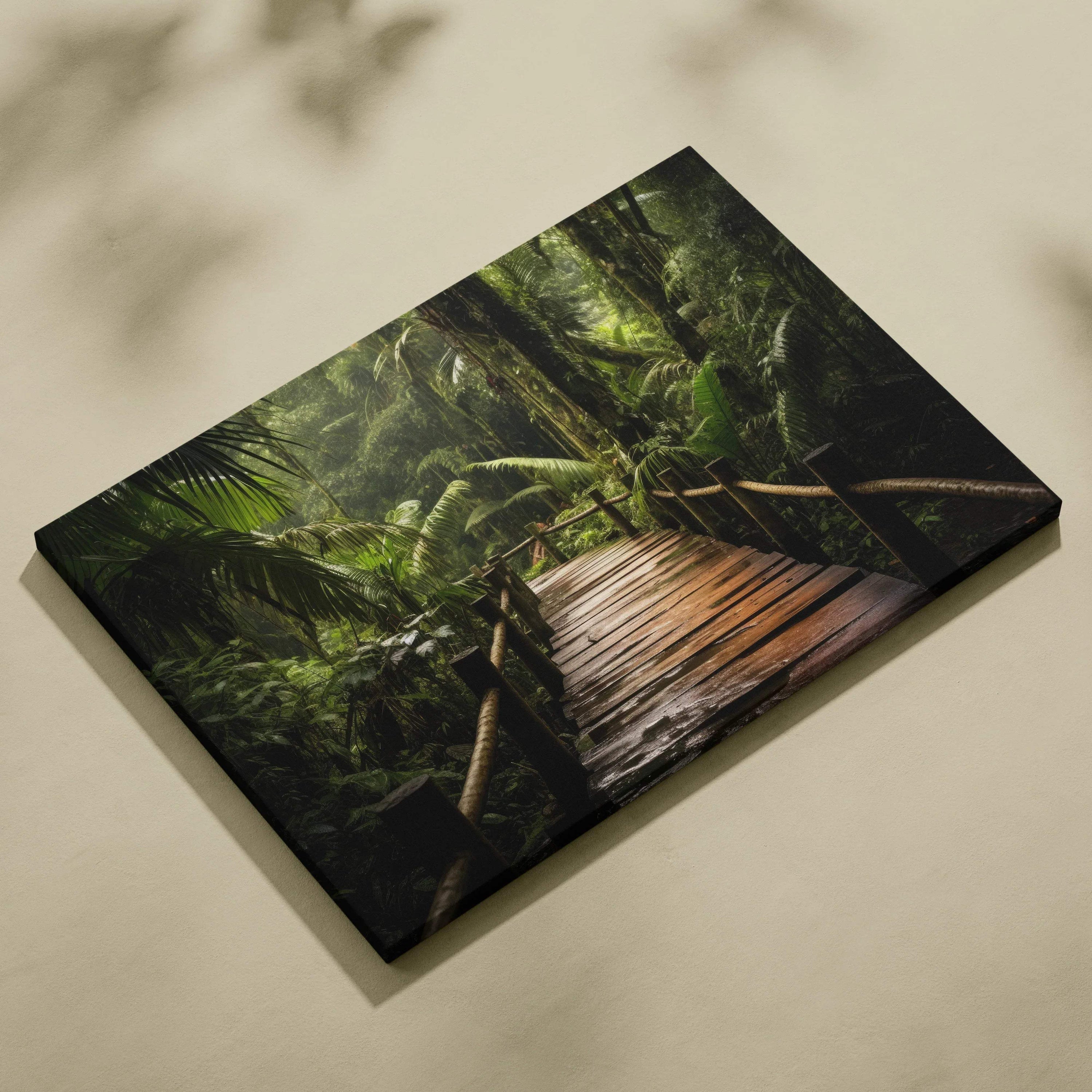 Canvas wall art featuring a wooden path winding through dense, ancient green forest decor.