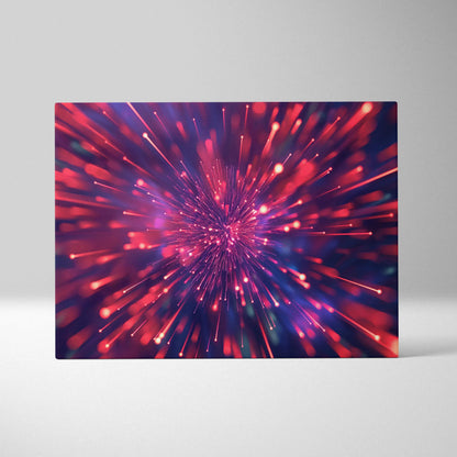 Abstract canvas art with radiant red and purple light streaks creating a dynamic explosion effect.