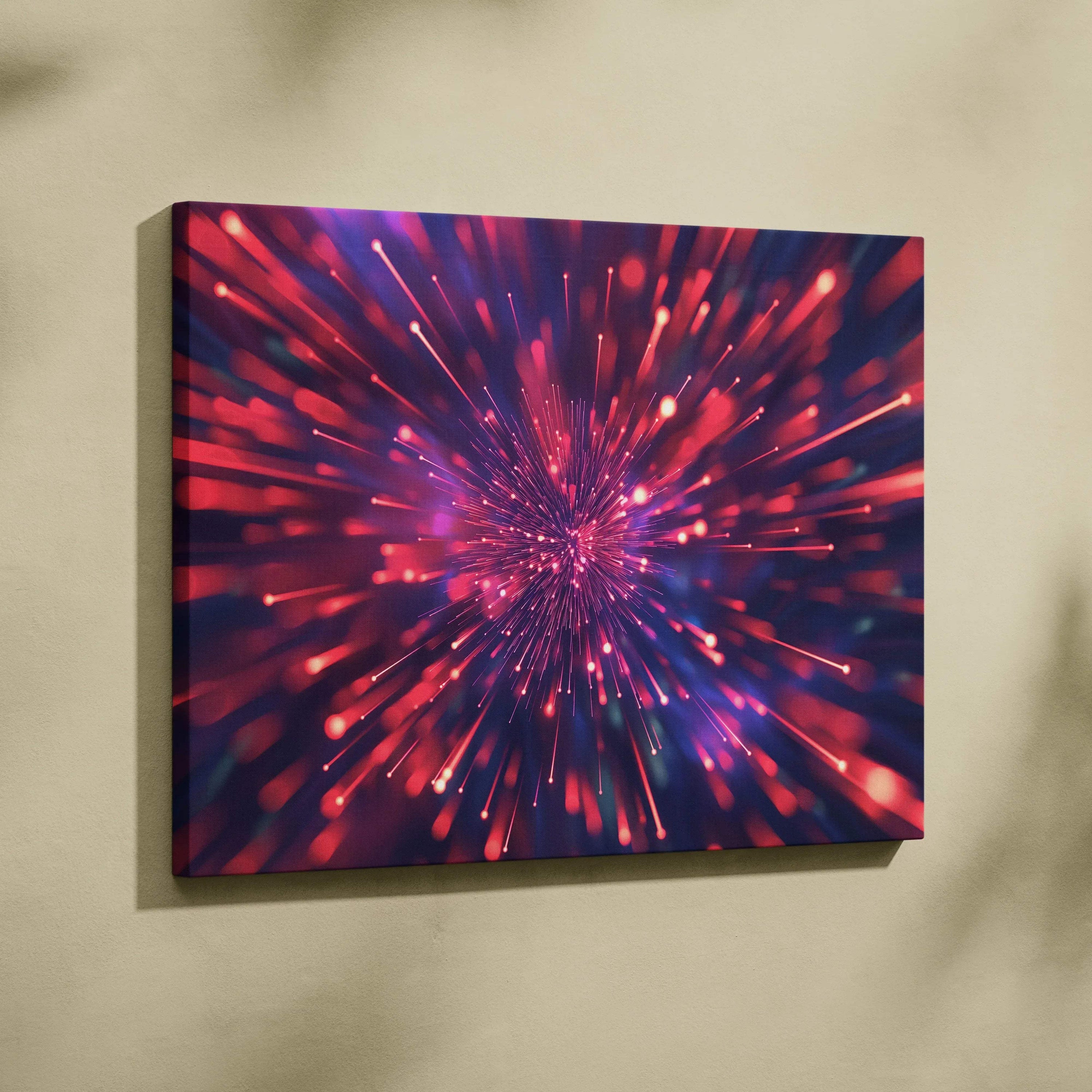 Vibrant abstract digital canvas wall art with dynamic red and purple light burst design.