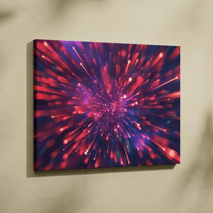 Vibrant abstract digital canvas wall art with dynamic red and purple light burst design.