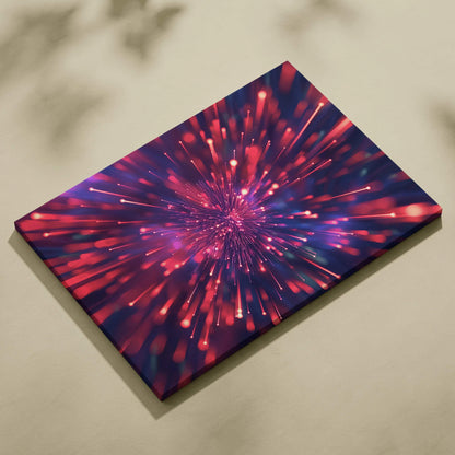 Abstract digital canvas art with vibrant red and purple light bursts on black background.