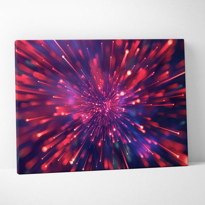 Abstract digital canvas art with vibrant red, purple, and blue light burst pattern.