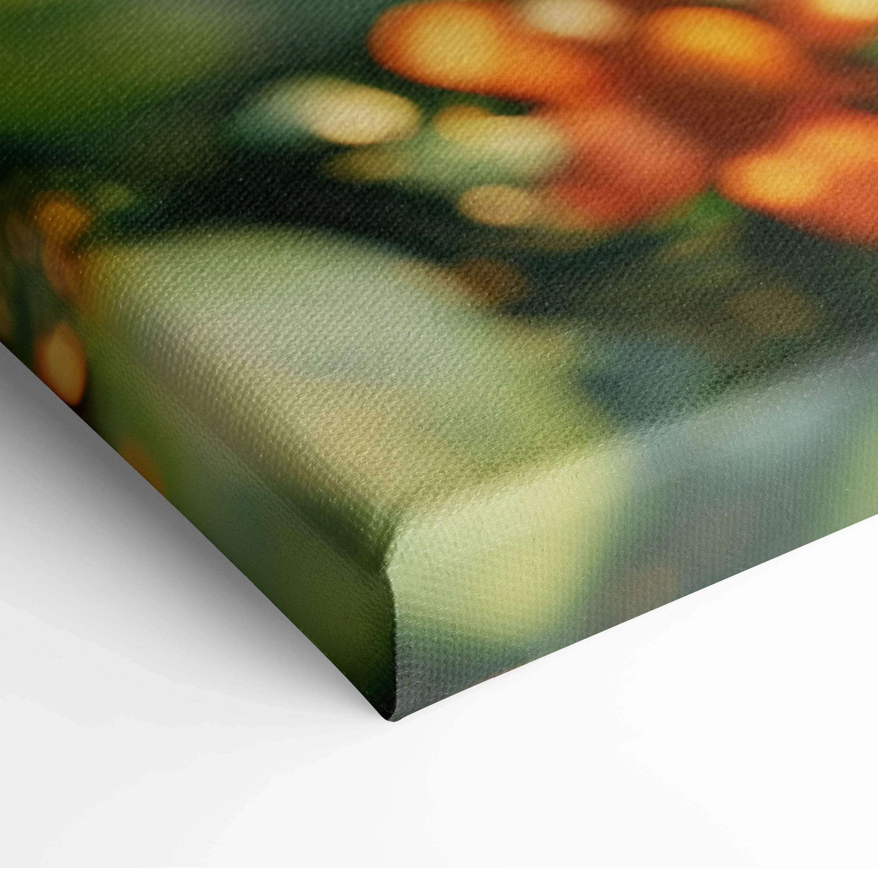Canvas print of blurred orange blossoms, green foliage in Fairy Tale Village style