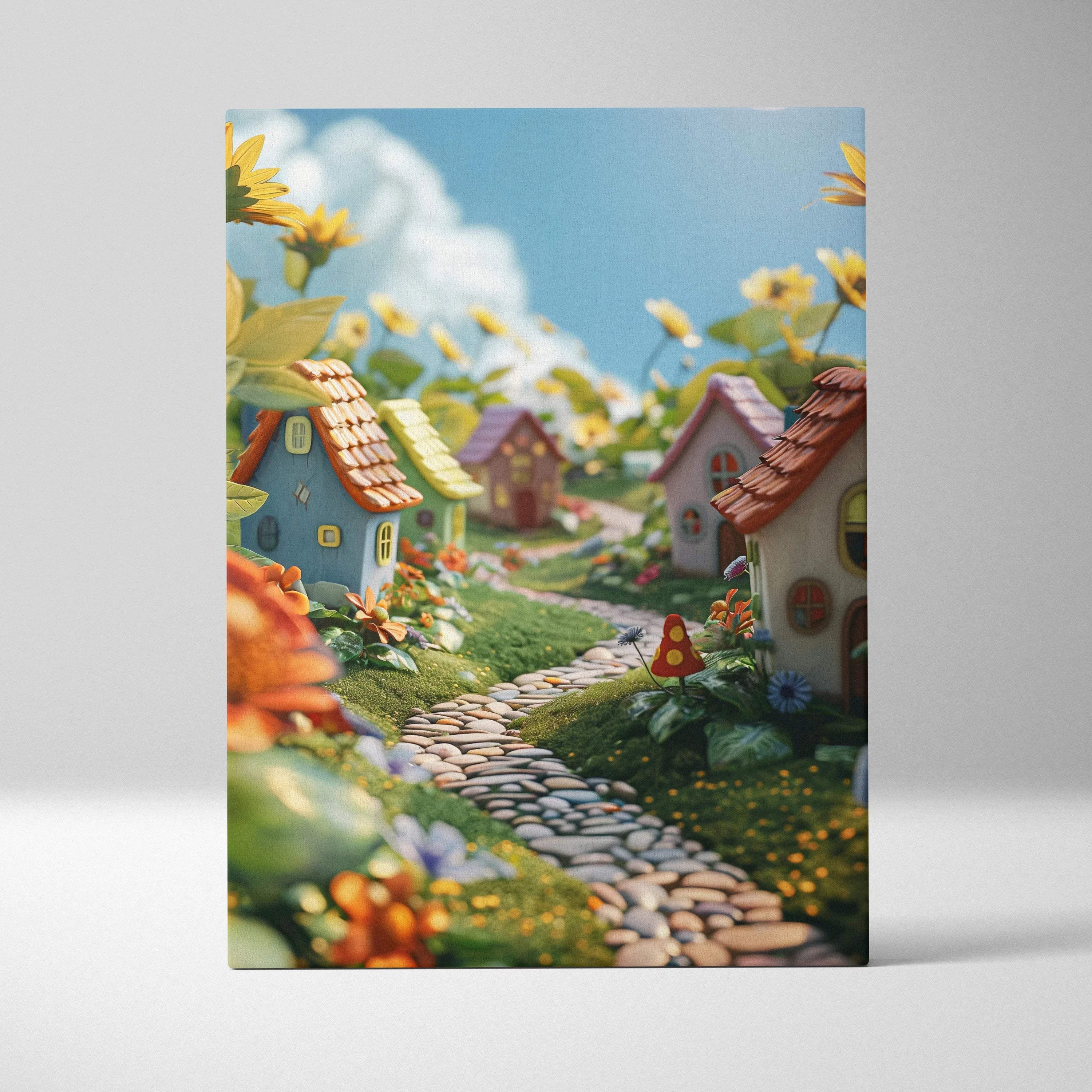 Whimsical fairy tale village canvas wall art with colorful houses and flowers