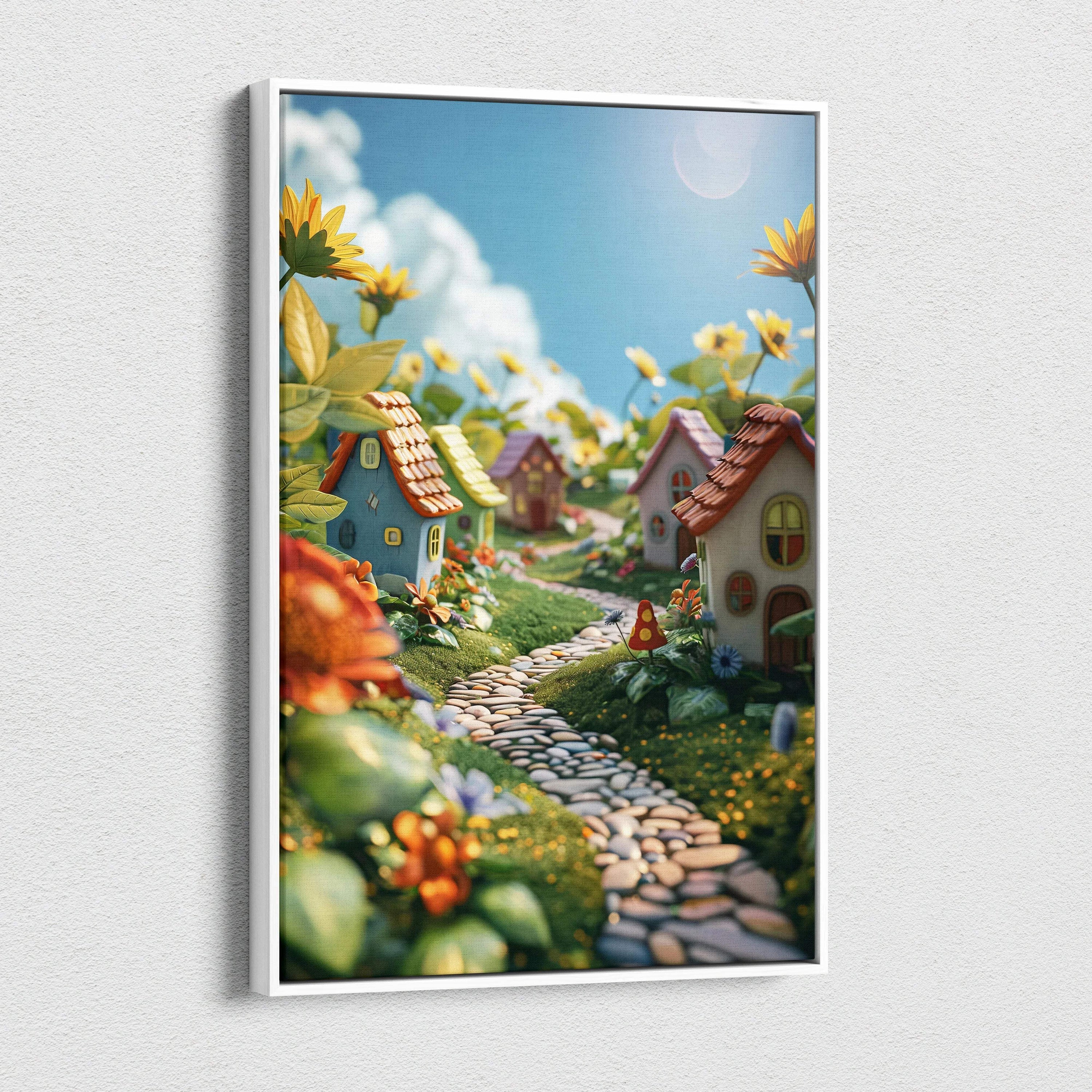 Canvas wall art of whimsical fairy tale village in visionary colorful dreamscape