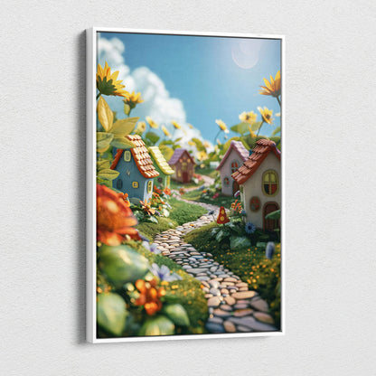 Canvas wall art of whimsical fairy tale village in visionary colorful dreamscape