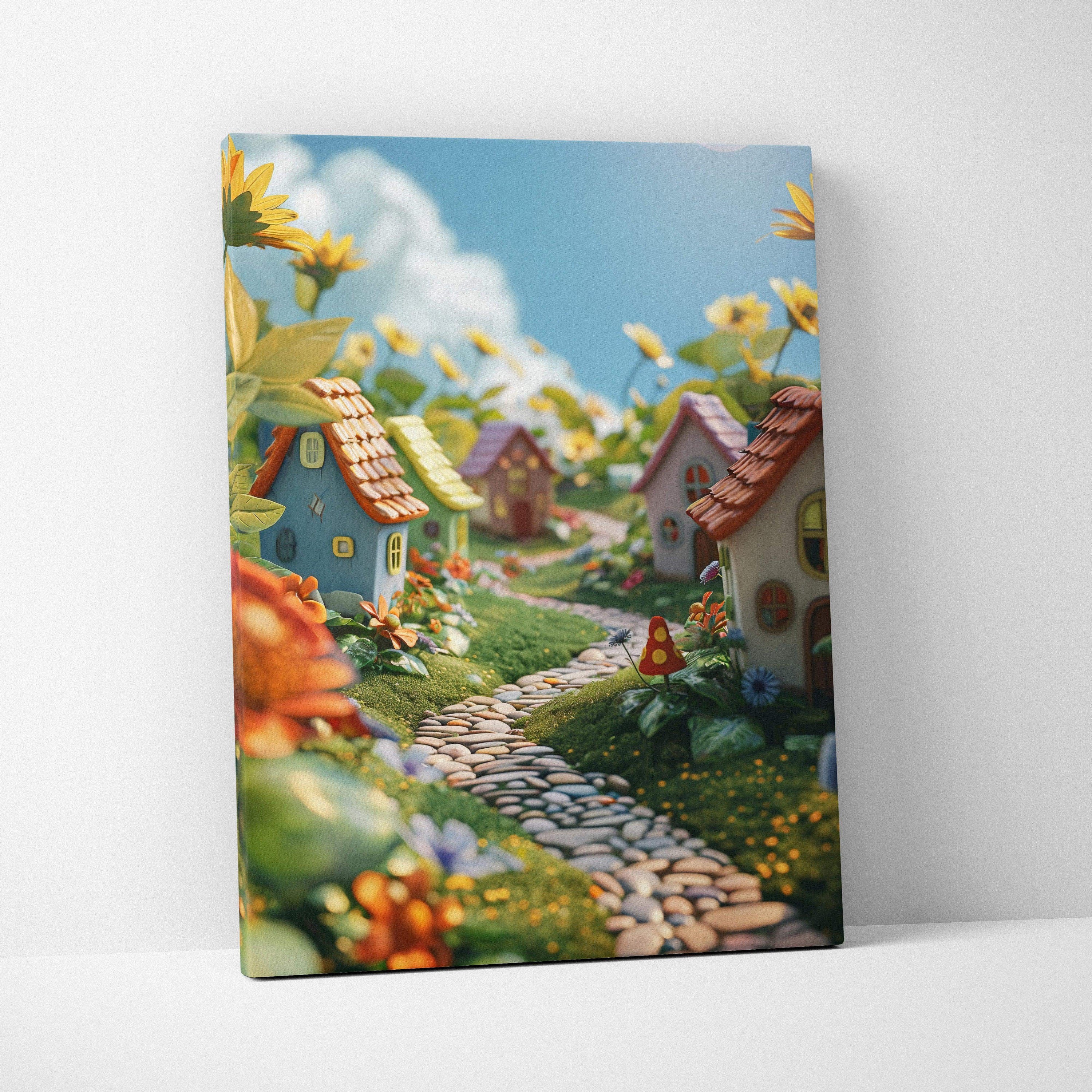 Vibrant canvas wall art of whimsical fairy tale village in colorful dreamscape
