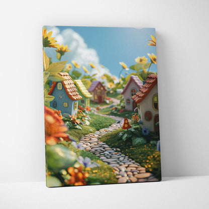 Vibrant canvas wall art of whimsical fairy tale village in colorful dreamscape