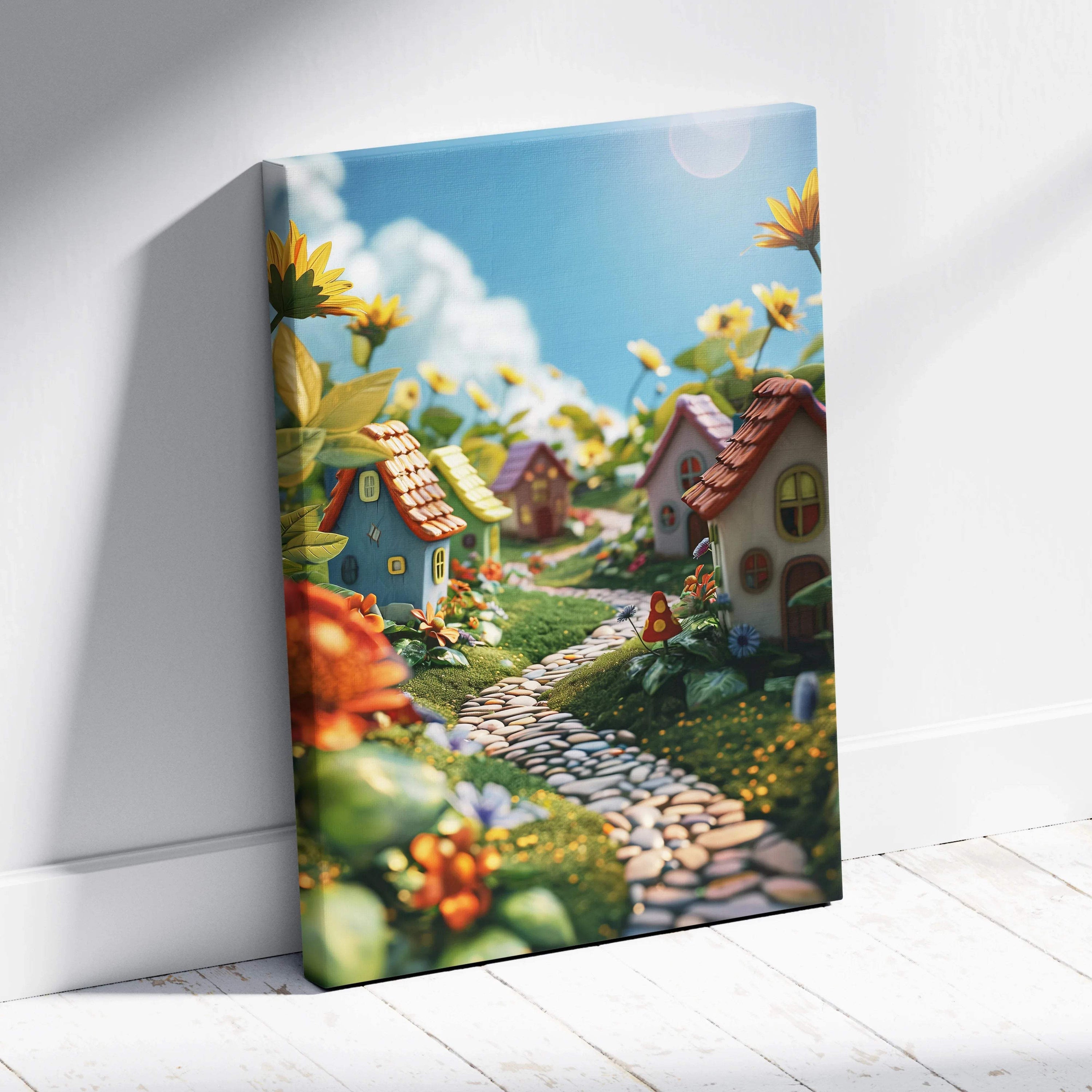 Vibrant visionary fairy tale village canvas wall art with colorful cottages