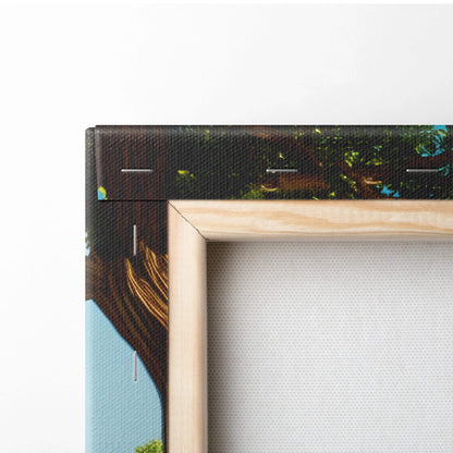 Light wood frame with canvas forest scene in dark greens and browns