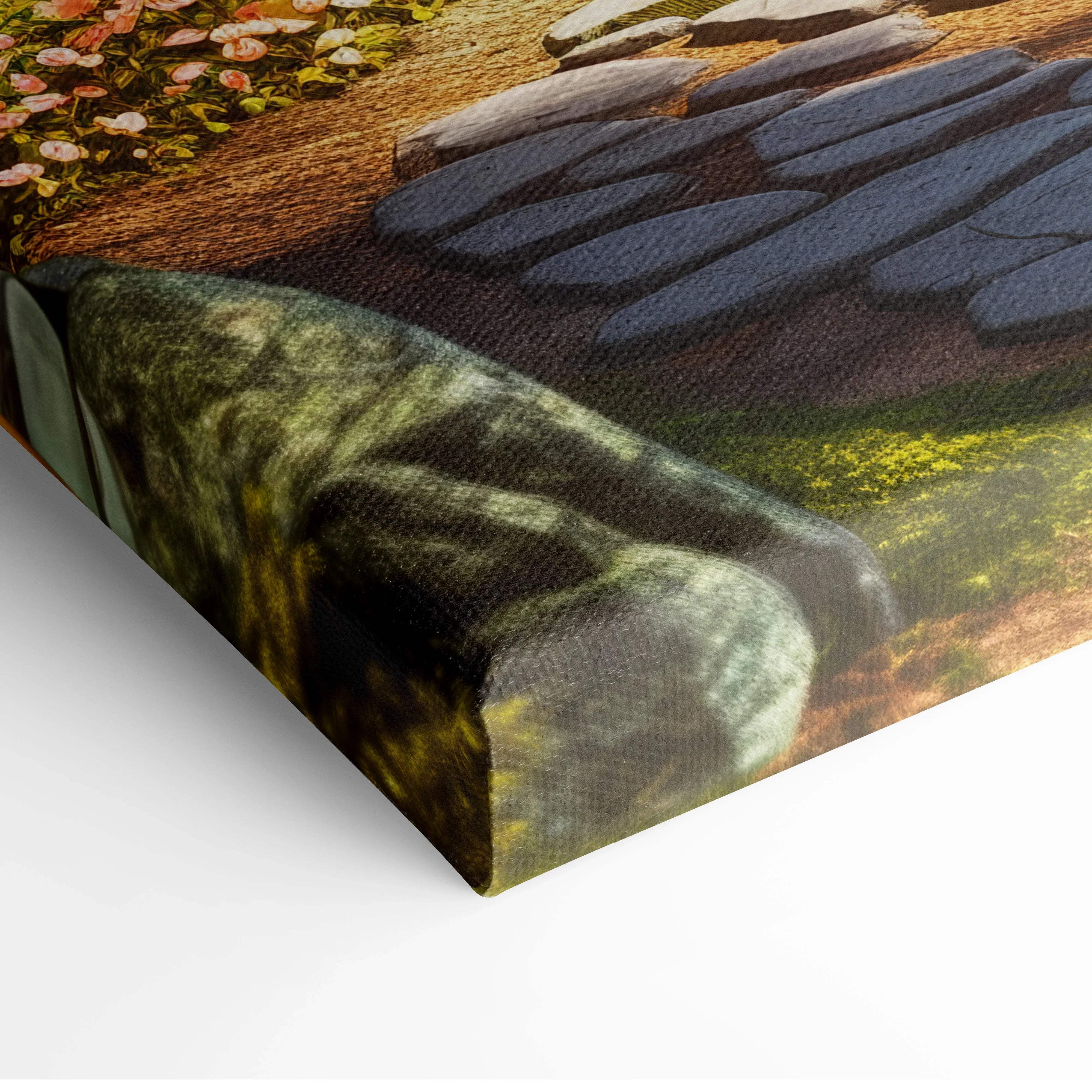 Canvas print of whimsical fairy tale village with rustic stone path, pink flowers and lush gardens