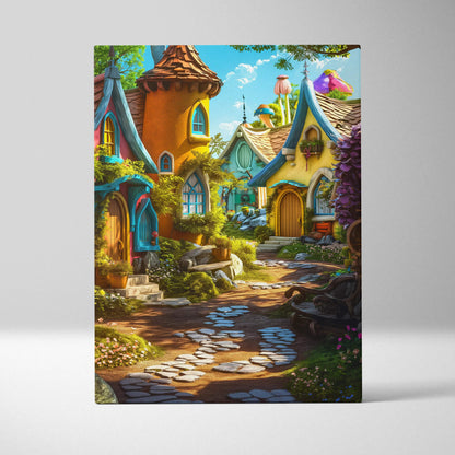 Whimsical fairy tale village canvas wall art with colorful cottages and lush gardens
