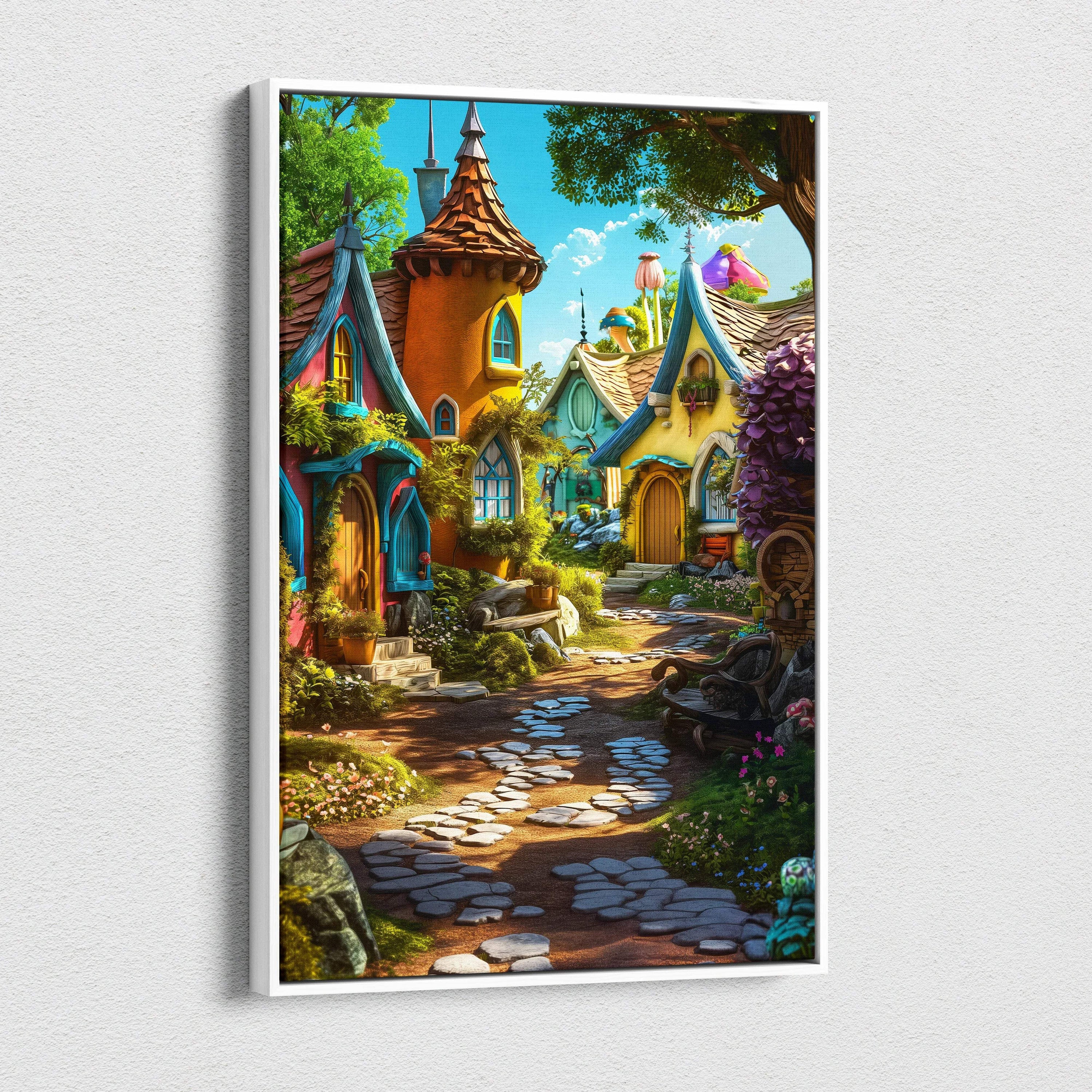 Whimsical fairy tale village canvas wall art with colorful cottages and lush gardens