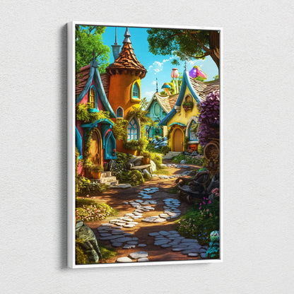 Whimsical fairy tale village canvas wall art with colorful cottages and lush gardens