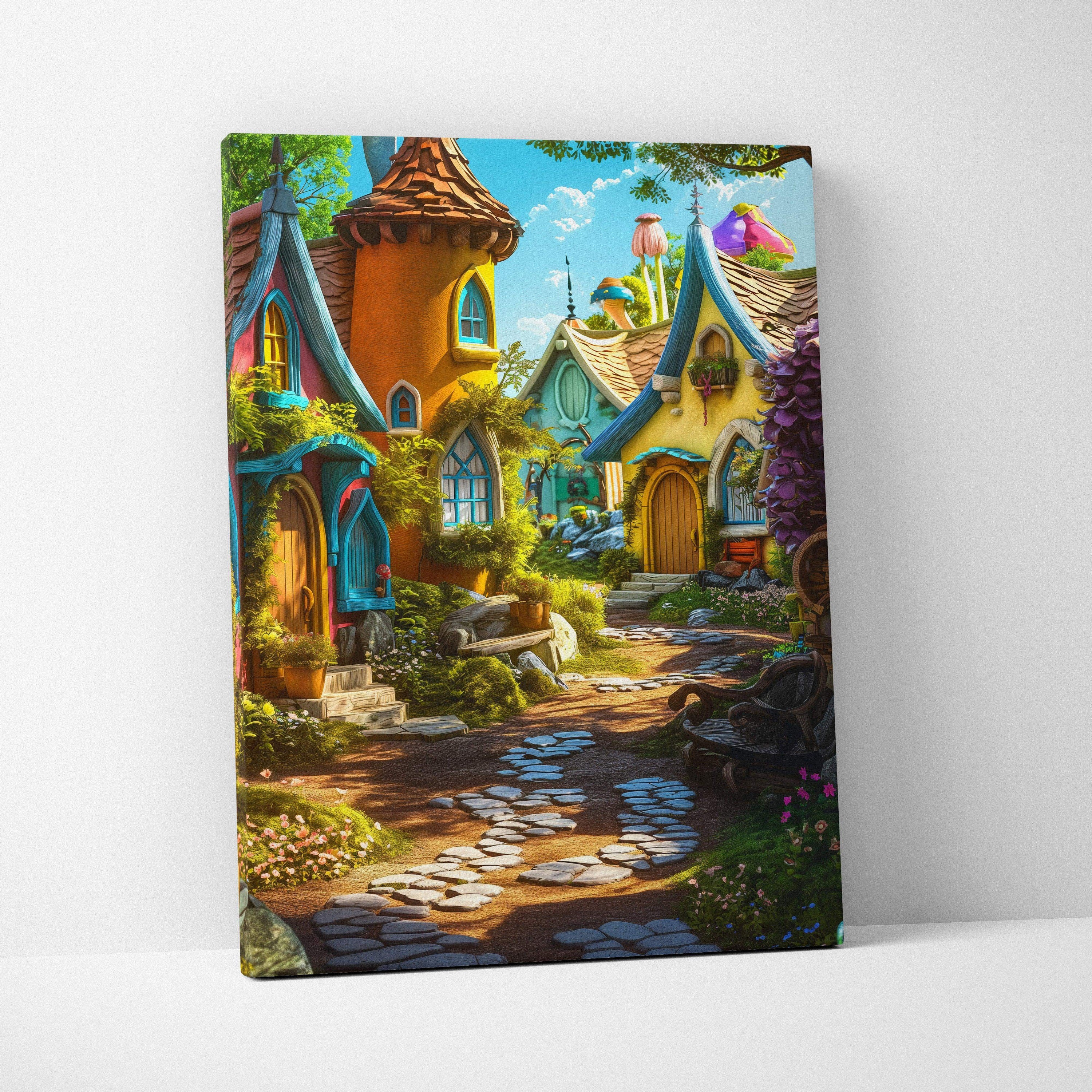 Whimsical fairy tale village canvas wall art with colorful cottages and lush gardens