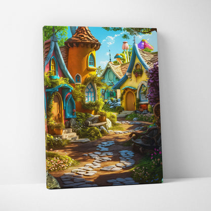 Whimsical fairy tale village canvas wall art with colorful cottages and lush gardens