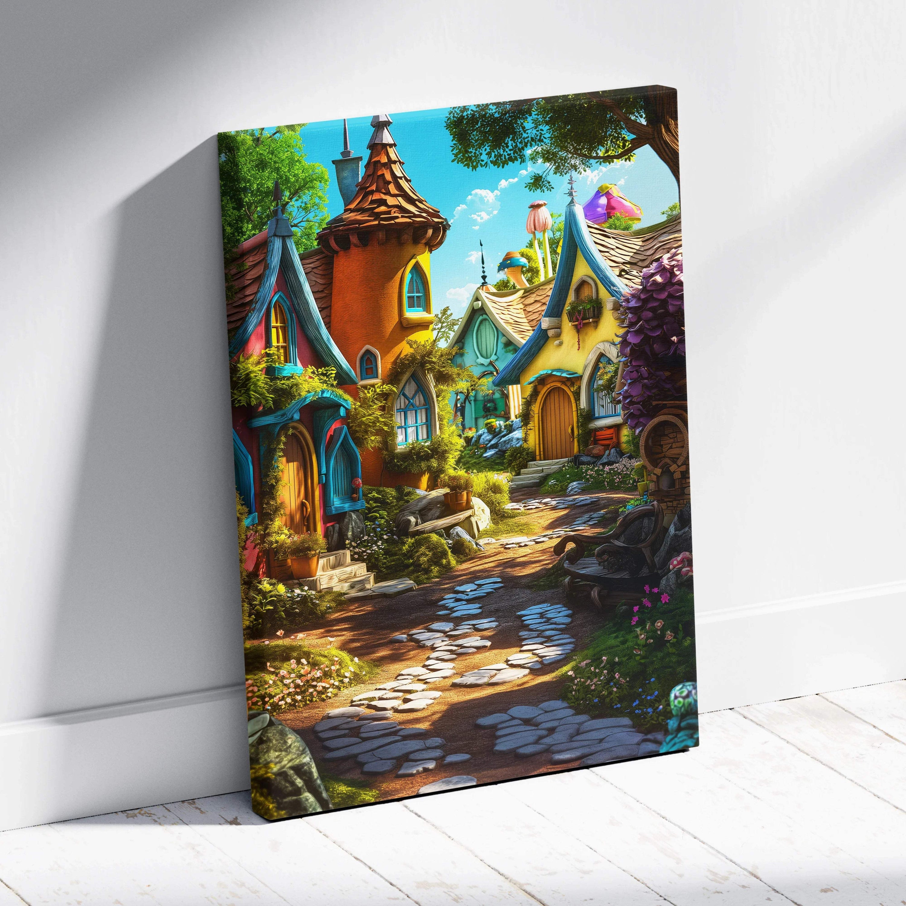 Whimsical fairy tale village canvas wall art with vibrant orange yellow teal cottages lush gardens