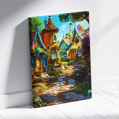 Whimsical fairy tale village canvas wall art with vibrant orange yellow teal cottages lush gardens