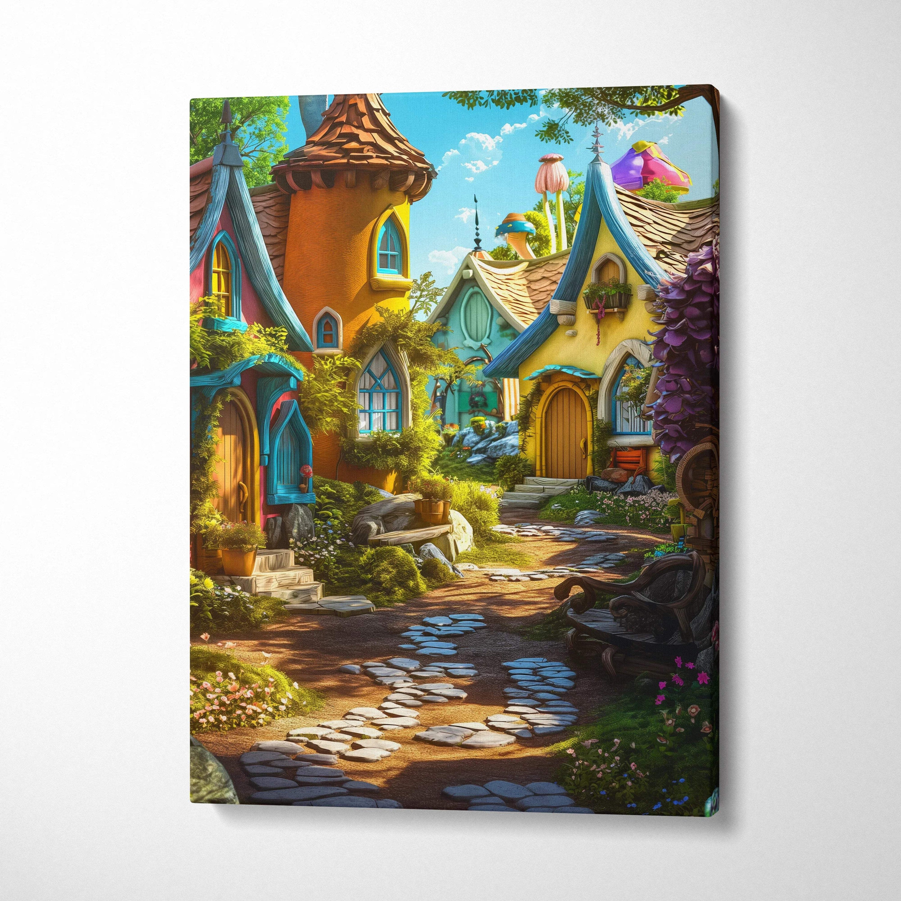 Whimsical fairy tale village canvas wall art with lush gardens