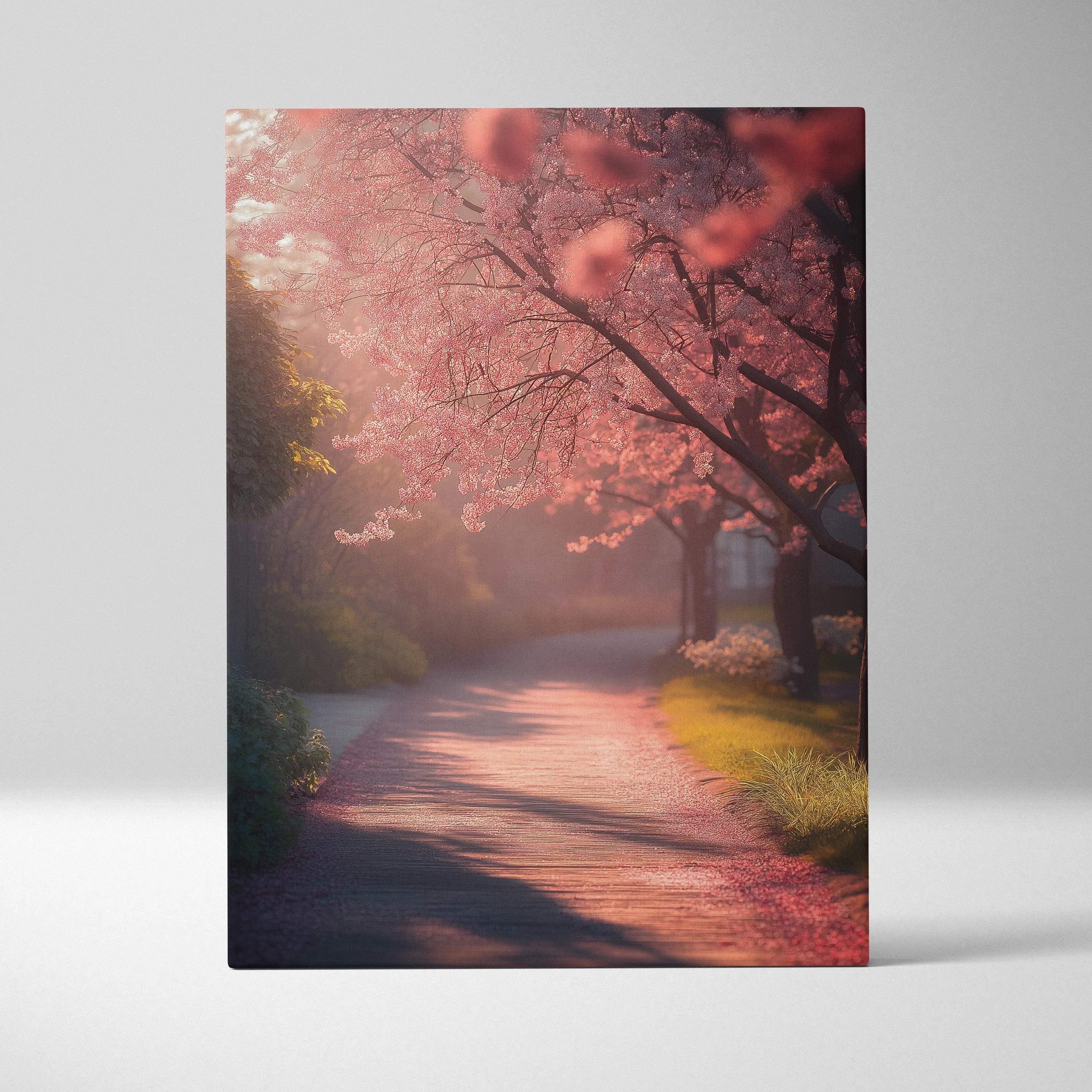 Canvas print of romantic cherry blossom path in park, soft pink sunset mood